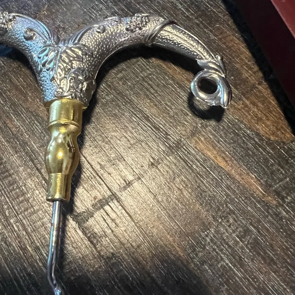 Vintage Bullhead Silver and Gold Corkscrew in Wooden Display